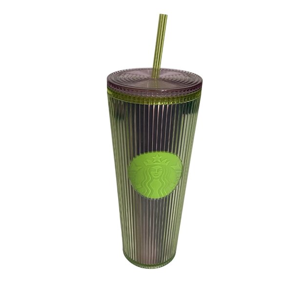 Starbucks Iridescent Green & Pink Reusable Cold Cup Tumbler With Lid & Straw 24